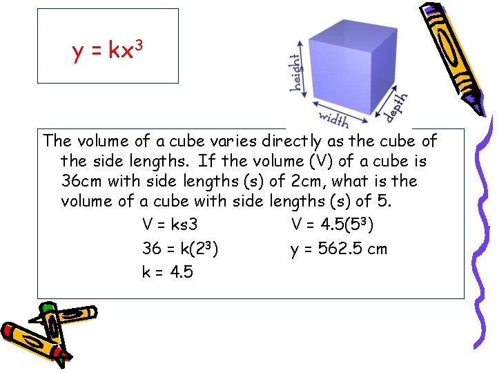 y = kx 3 The volume of a cube varies directly as the cube