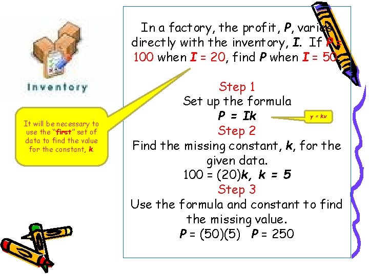 In a factory, the profit, P, varies directly with the inventory, I. If P