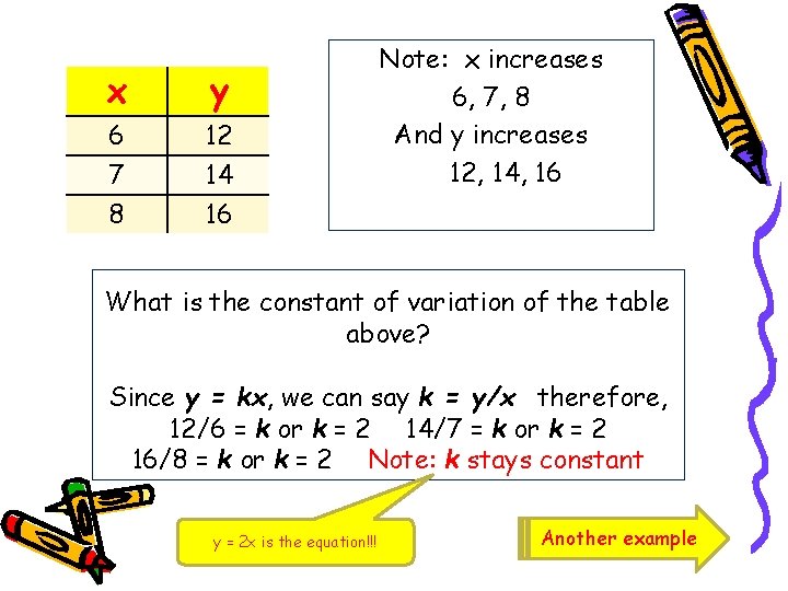 x y 6 7 8 12 14 16 Note: x increases 6, 7, 8