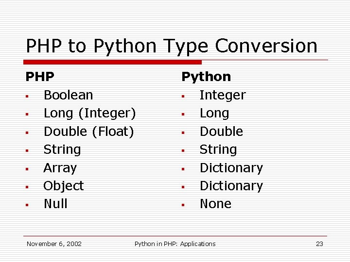 PHP to Python Type Conversion PHP § Boolean § Long (Integer) § Double (Float)