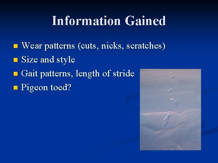 Information Gained Wear patterns (cuts, nicks, scratches) n Size and style n Gait patterns,