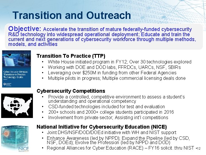 Transition and Outreach Objective: Accelerate the transition of mature federally-funded cybersecurity R&D technology into