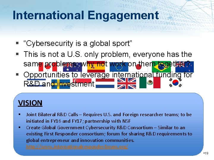 International Engagement “Cybersecurity is a global sport” This is not a U. S. only
