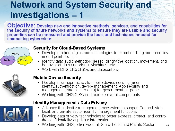 Network and System Security and Investigations – 1 Objective: Develop new and innovative methods,