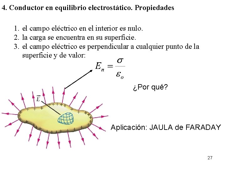 4. Conductor en equilibrio electrostático. Propiedades 1. el campo eléctrico en el interior es