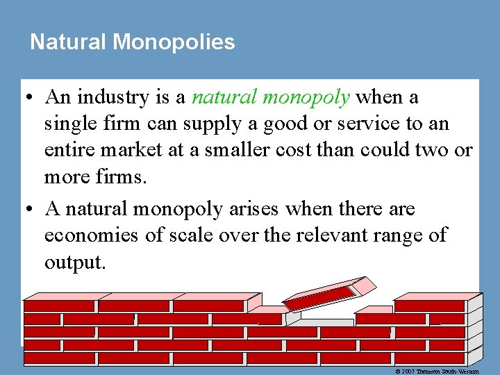 Natural Monopolies • An industry is a natural monopoly when a single firm can