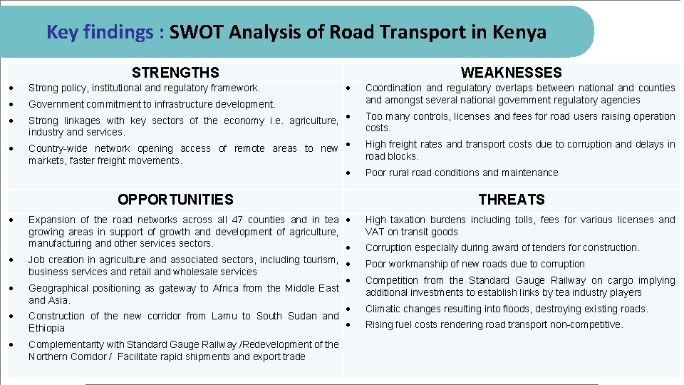Key findings : SWOT Analysis of Road Transport in Kenya STRENGTHS Strong policy, institutional