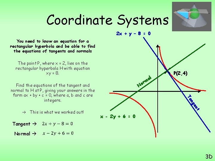 Coordinate Systems 2 x + y – 8 = 0 You need to know