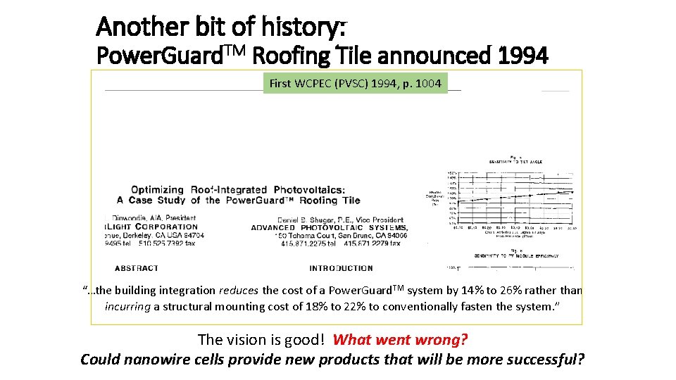 Another bit of history: Power. Guard. TM Roofing Tile announced 1994 First WCPEC (PVSC)