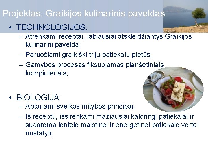 Projektas: Graikijos kulinarinis paveldas • TECHNOLOGIJOS: – Atrenkami receptai, labiausiai atskleidžiantys Graikijos kulinarinį paveldą;