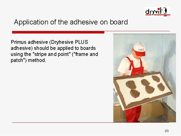 Application of the adhesive on board Primus adhesive (Dryhesive PLUS adhesive) should be applied