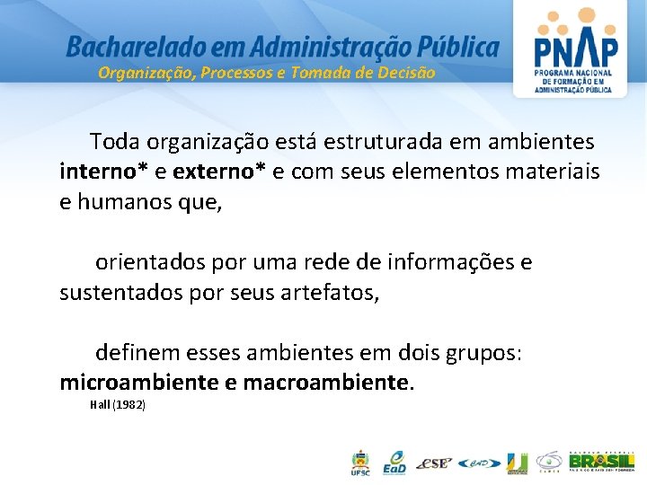 Organização, Processos e Tomada de Decisão Toda organização está estruturada em ambientes interno* e