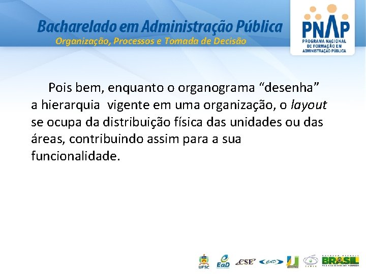 Organização, Processos e Tomada de Decisão Pois bem, enquanto o organograma “desenha” a hierarquia