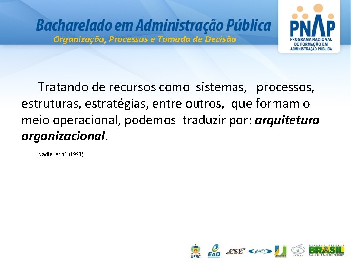 Organização, Processos e Tomada de Decisão Tratando de recursos como sistemas, processos, estruturas, estratégias,