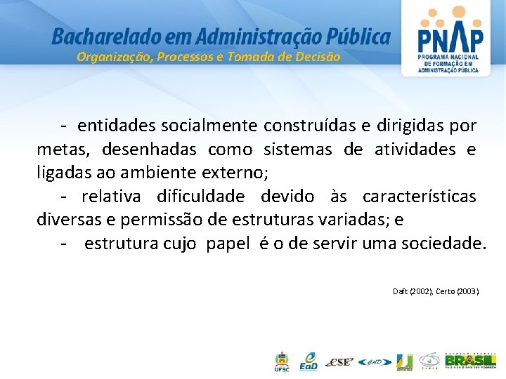 Organização, Processos e Tomada de Decisão - entidades socialmente construídas e dirigidas por metas,