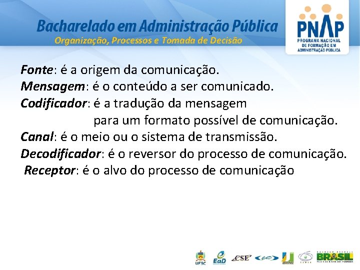 Organização, Processos e Tomada de Decisão Fonte: é a origem da comunicação. Mensagem: é