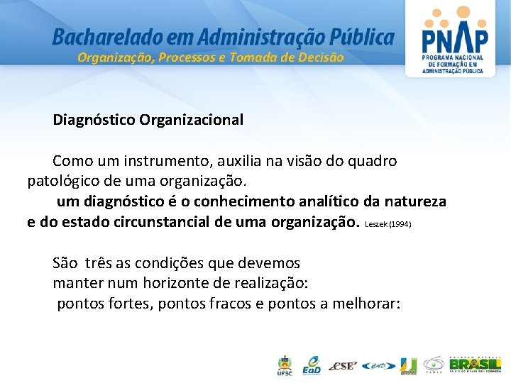 Organização, Processos e Tomada de Decisão Diagnóstico Organizacional Como um instrumento, auxilia na visão