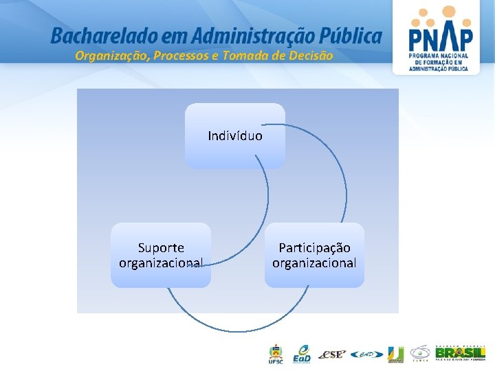 Organização, Processos e Tomada de Decisão Indivíduo Suporte organizacional Participação organizacional 