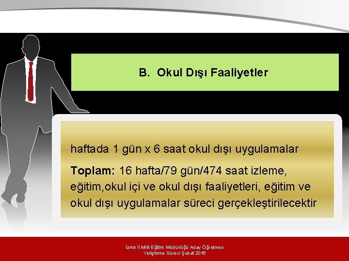 B. Okul Dışı Faaliyetler haftada 1 gün x 6 saat okul dışı uygulamalar Toplam: