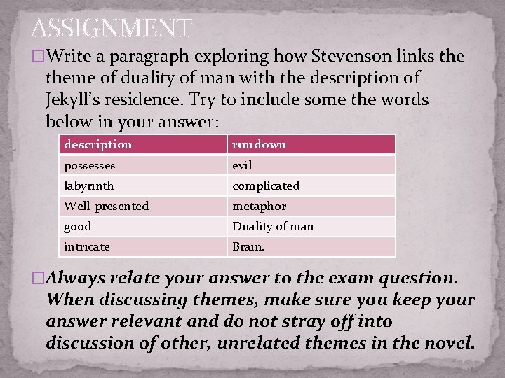 ASSIGNMENT �Write a paragraph exploring how Stevenson links theme of duality of man with