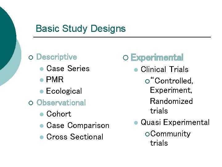 Basic Study Designs ¡ ¡ Descriptive l Case Series l PMR l Ecological Observational