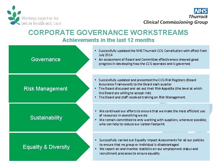 CORPORATE GOVERNANCE WORKSTREAMS Achievements in the last 12 months Governance Risk Management Sustainability Equality