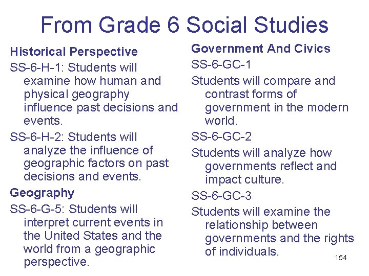 From Grade 6 Social Studies Historical Perspective SS-6 -H-1: Students will examine how human