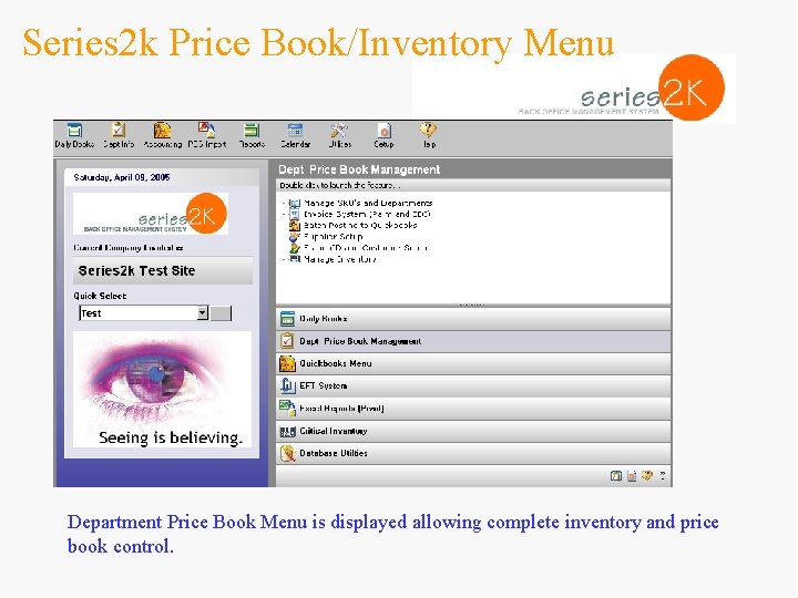 Series 2 k Price Book/Inventory Menu Department Price Book Menu is displayed allowing complete