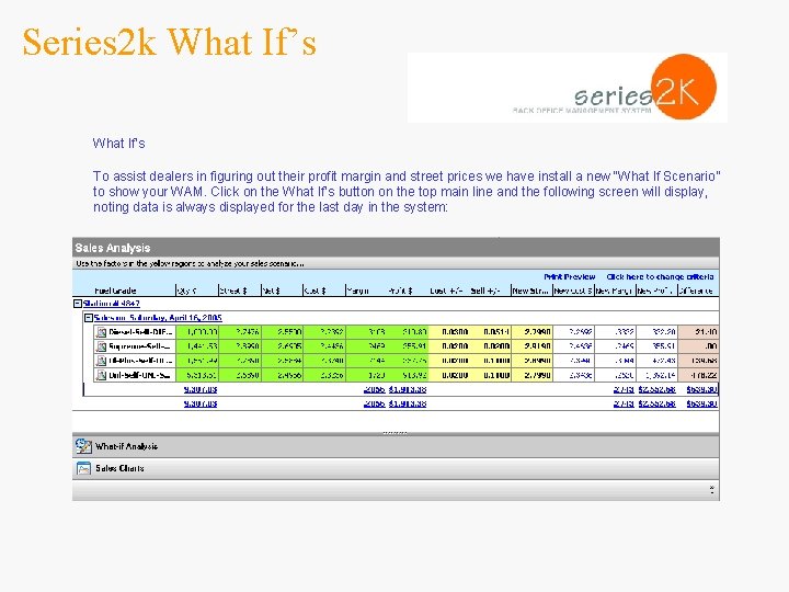 Series 2 k What If’s To assist dealers in figuring out their profit margin