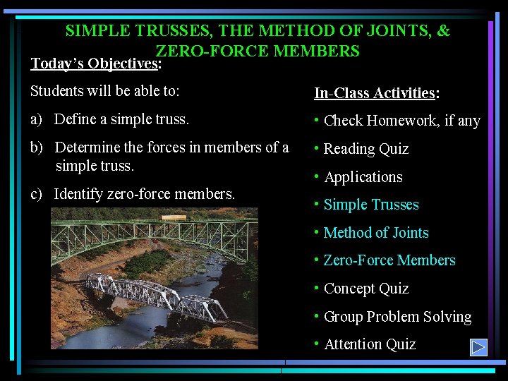 SIMPLE TRUSSES, THE METHOD OF JOINTS, & ZERO-FORCE MEMBERS Today’s Objectives: Students will be