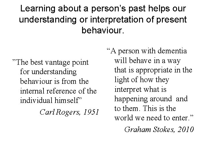 Learning about a person’s past helps our understanding or interpretation of present behaviour. “A