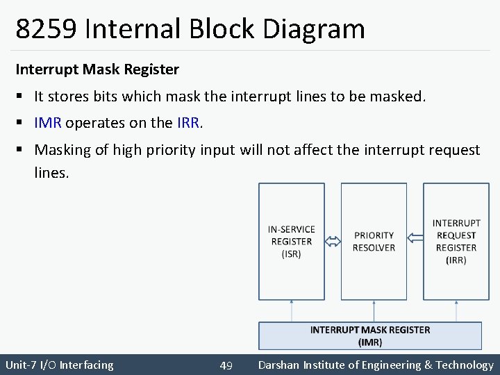 8259 Internal Block Diagram Interrupt Mask Register § It stores bits which mask the