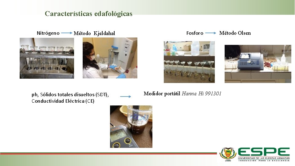 Características edafológicas Nitrógeno Método Kjeldahal ph, Sólidos totales disueltos (SDT), Conductividad Eléctrica (CE) Fosforo Características edafológicas Nitrógeno Método Kjeldahal ph, Sólidos totales disueltos (SDT), Conductividad Eléctrica (CE) Fosforo