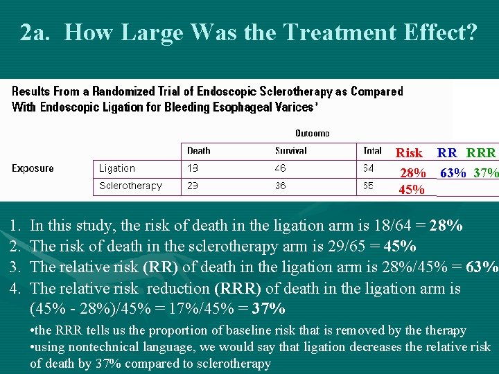 2 a. How Large Was the Treatment Effect? Risk RR RRR 28% 63% 37%