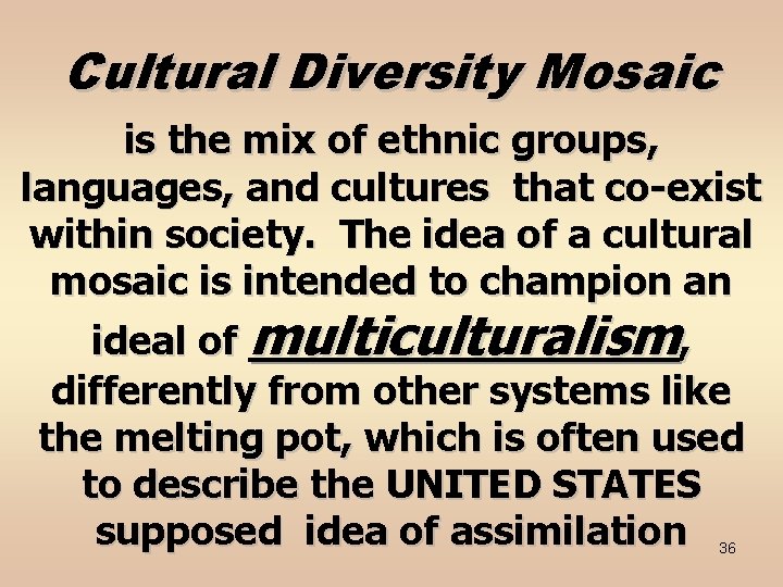 Cultural Diversity Mosaic is the mix of ethnic groups, languages, and cultures that co-exist