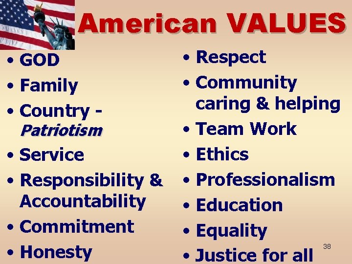 American VALUES • GOD • Family • Country Patriotism • Service • Responsibility &