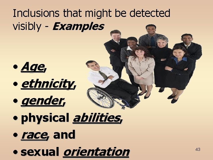 Inclusions that might be detected visibly - Examples • Age, • ethnicity, • gender,