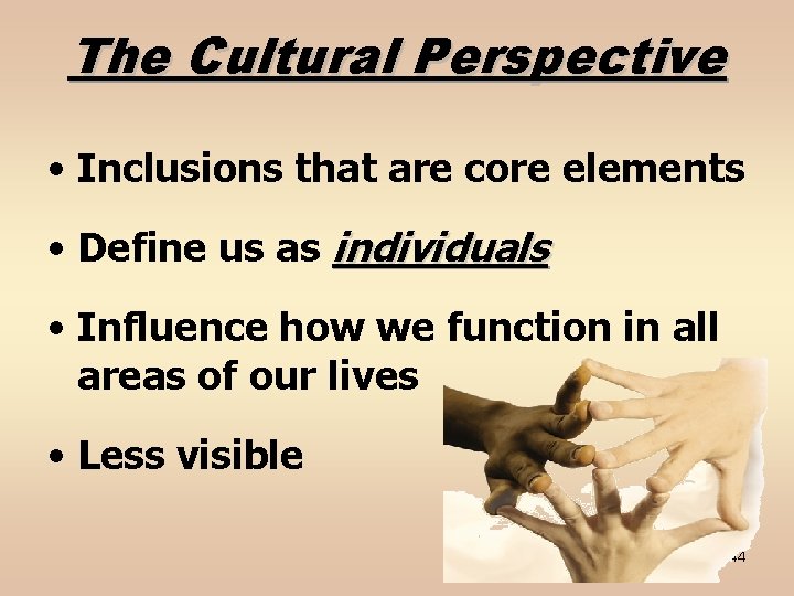 The Cultural Perspective • Inclusions that are core elements • Define us as individuals