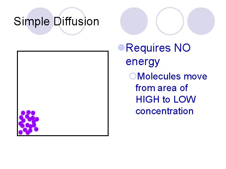 Simple Diffusion l. Requires NO energy ¡Molecules move from area of HIGH to LOW