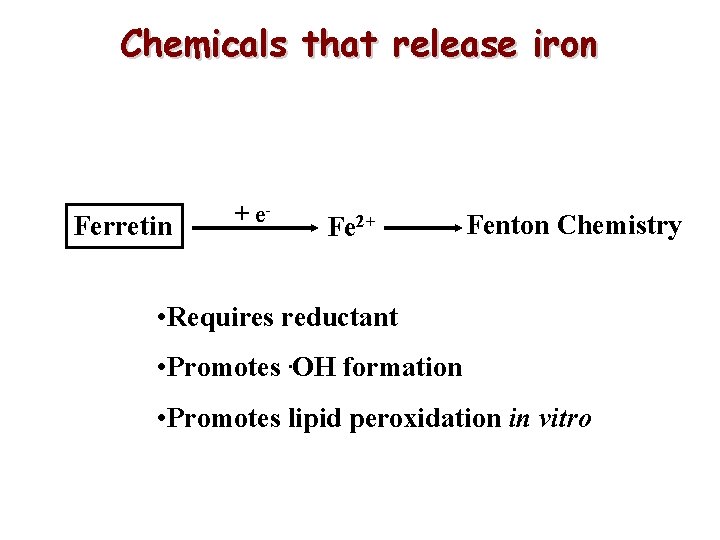 Chemicals that release iron Ferretin + e- Fe 2+ Fenton Chemistry • Requires reductant Chemicals that release iron Ferretin + e- Fe 2+ Fenton Chemistry • Requires reductant