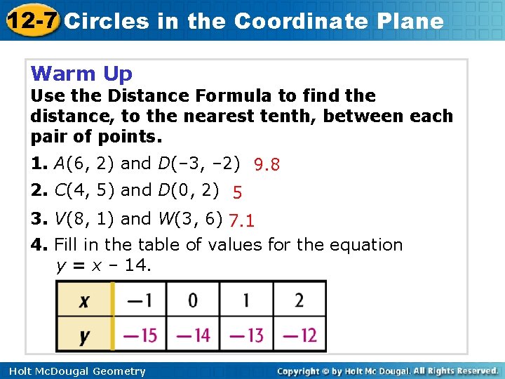 12 -7 Circles in the Coordinate Plane Warm Up Use the Distance Formula to
