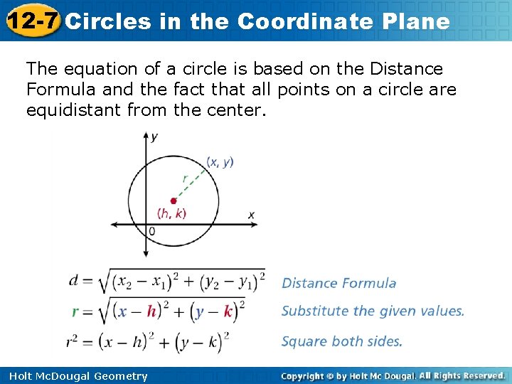 12 -7 Circles in the Coordinate Plane The equation of a circle is based