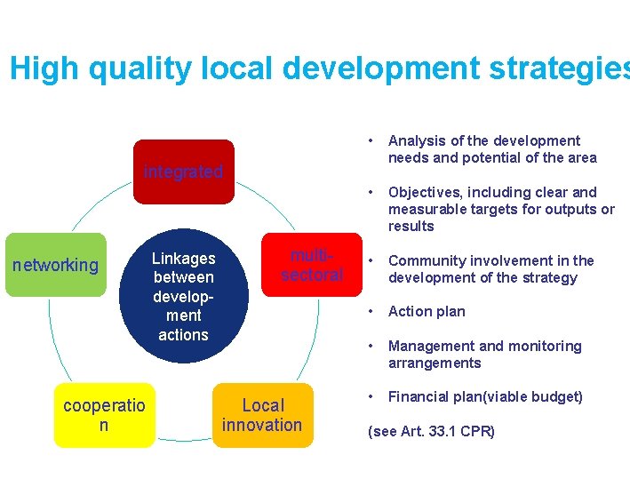 High quality local development strategies • Analysis of the development needs and potential of