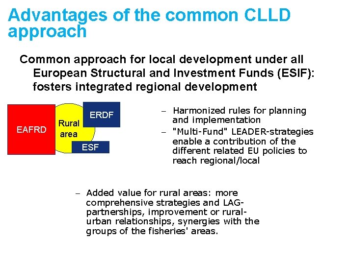 Advantages of the common CLLD approach Common approach for local development under all European