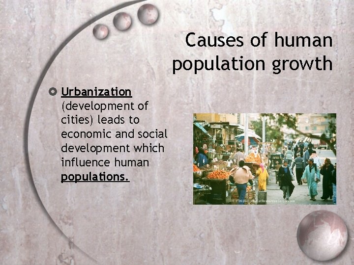 Causes of human population growth Urbanization (development of cities) leads to economic and social