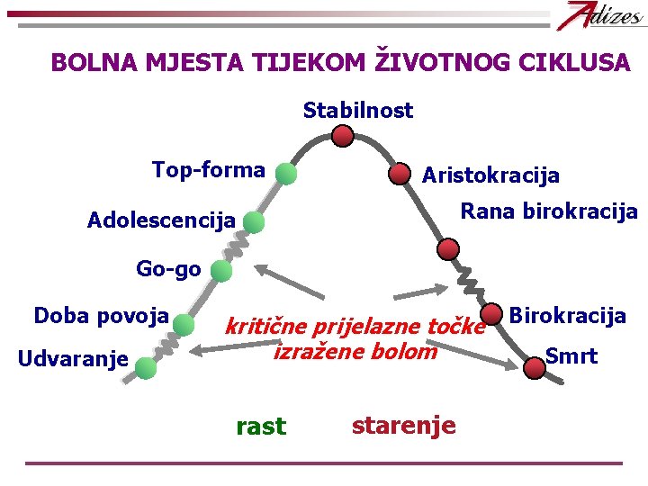 BOLNA MJESTA TIJEKOM ŽIVOTNOG CIKLUSA Stabilnost Top-forma Aristokracija Rana birokracija Adolescencija Go-go Doba povoja