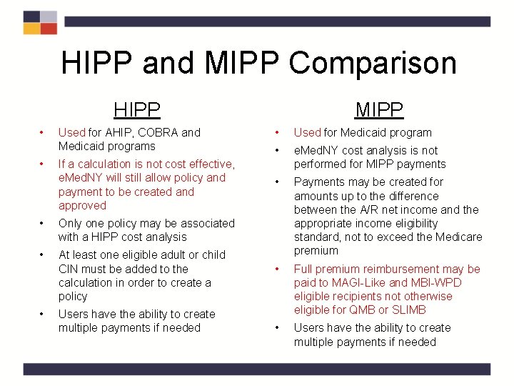 HIPP and MIPP Comparison HIPP • • Used for AHIP, COBRA and Medicaid programs HIPP and MIPP Comparison HIPP • • Used for AHIP, COBRA and Medicaid programs