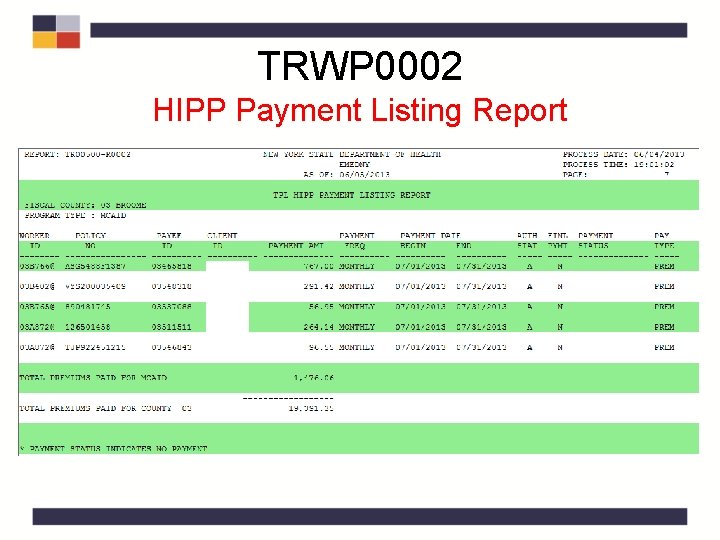 TRWP 0002 HIPP Payment Listing Report TRWP 0002 HIPP Payment Listing Report