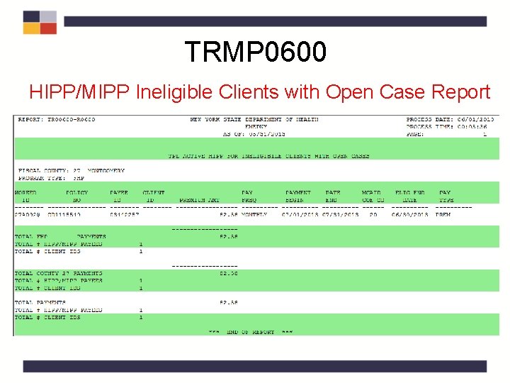 TRMP 0600 HIPP/MIPP Ineligible Clients with Open Case Report TRMP 0600 HIPP/MIPP Ineligible Clients with Open Case Report