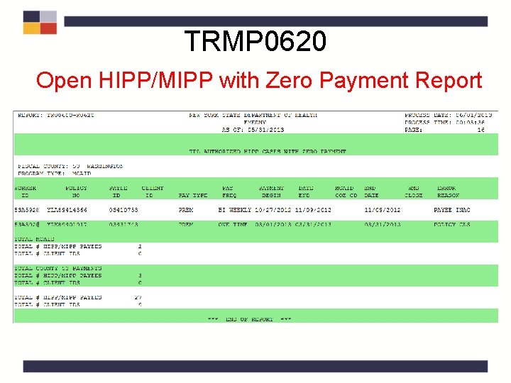 TRMP 0620 Open HIPP/MIPP with Zero Payment Report TRMP 0620 Open HIPP/MIPP with Zero Payment Report